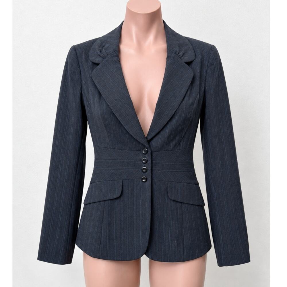 Classiques Navy Blue Pinstripe Fitted Peplum Waist 4-Button Wool Blazer 10